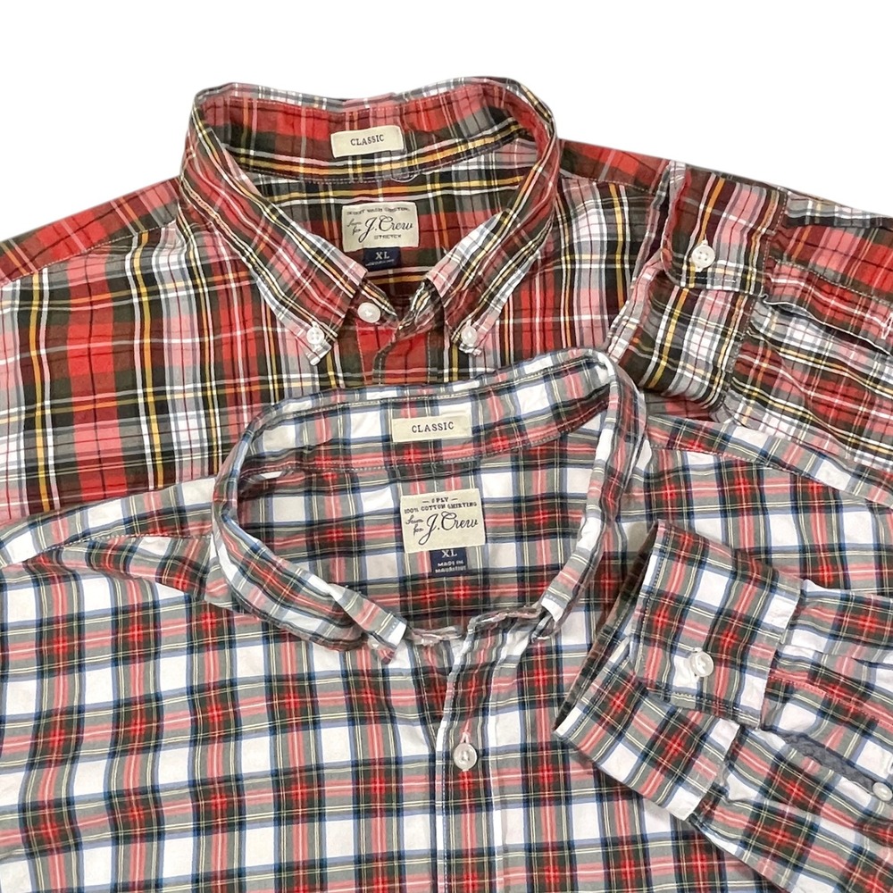 2pk J. Crew XL Red White Plaid Button Down Shirt Classic Fit Preppy Heritage